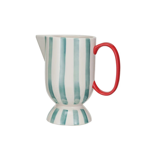 1 Quart Hand-Painted Stoneware Footed Pitcher w/ Stripes, Red, Aqua & Cream Color