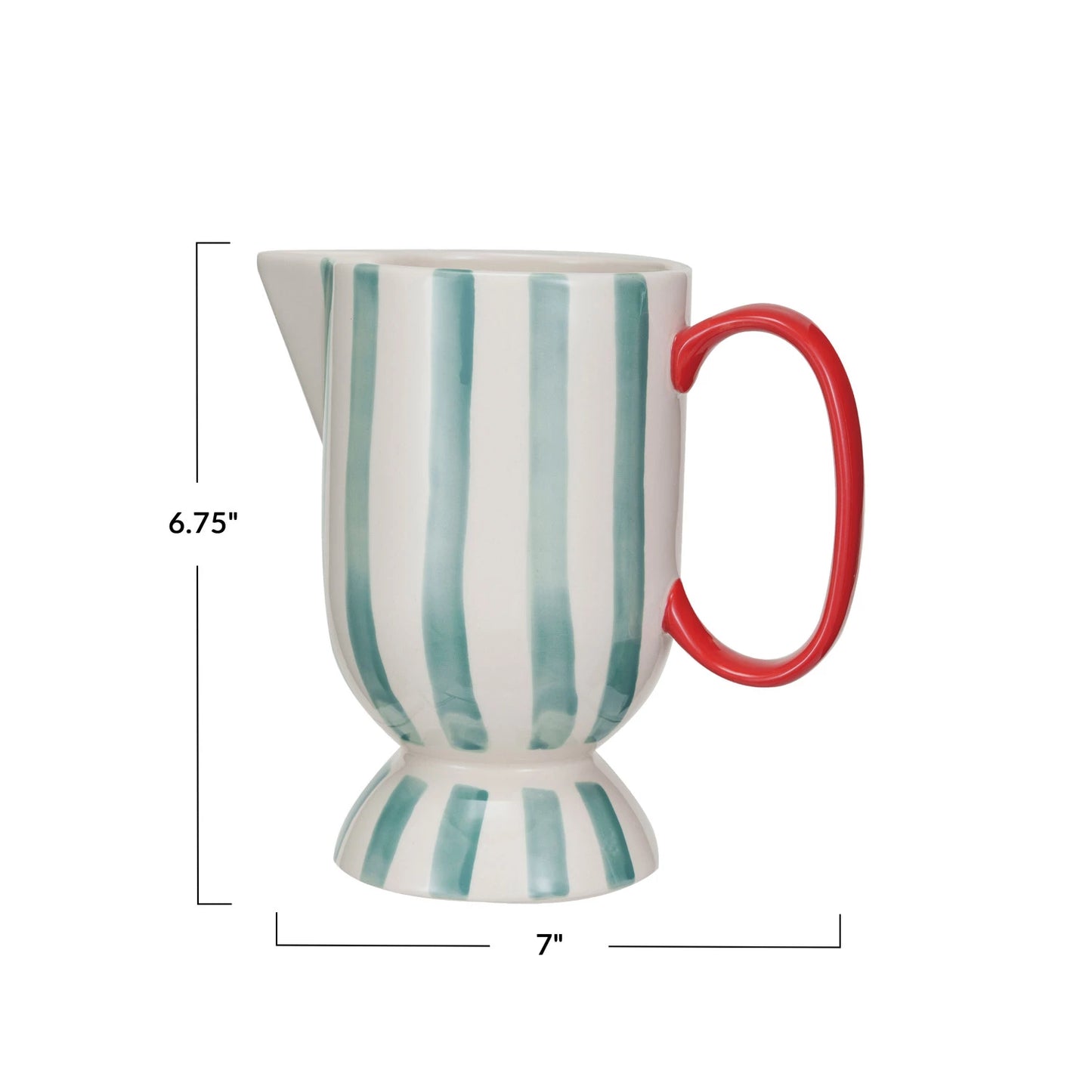 1 Quart Hand-Painted Stoneware Footed Pitcher w/ Stripes, Red, Aqua & Cream Color