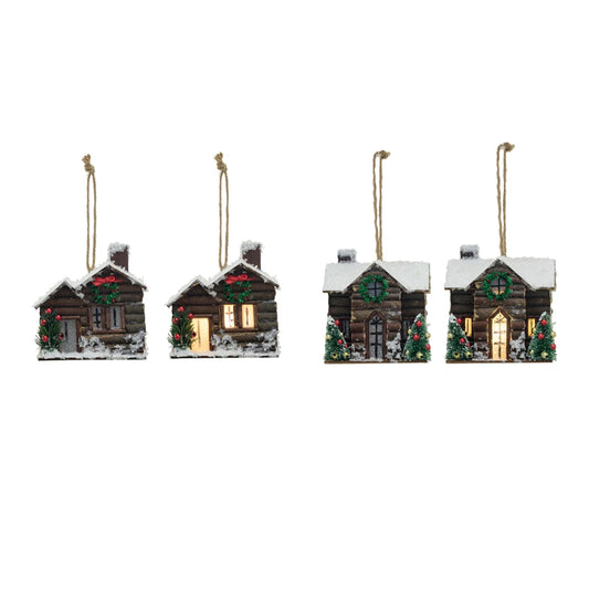 Wood Cabin Ornament w/ LED Light